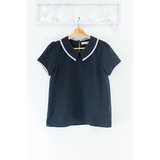 Narinari : MT6610 Point Collar Blouse ผ้าโฟร์เวย์ เสื้อทำงานทรงปกบัวตัดปลายแหลม แขนสั้น แต่งขอบ