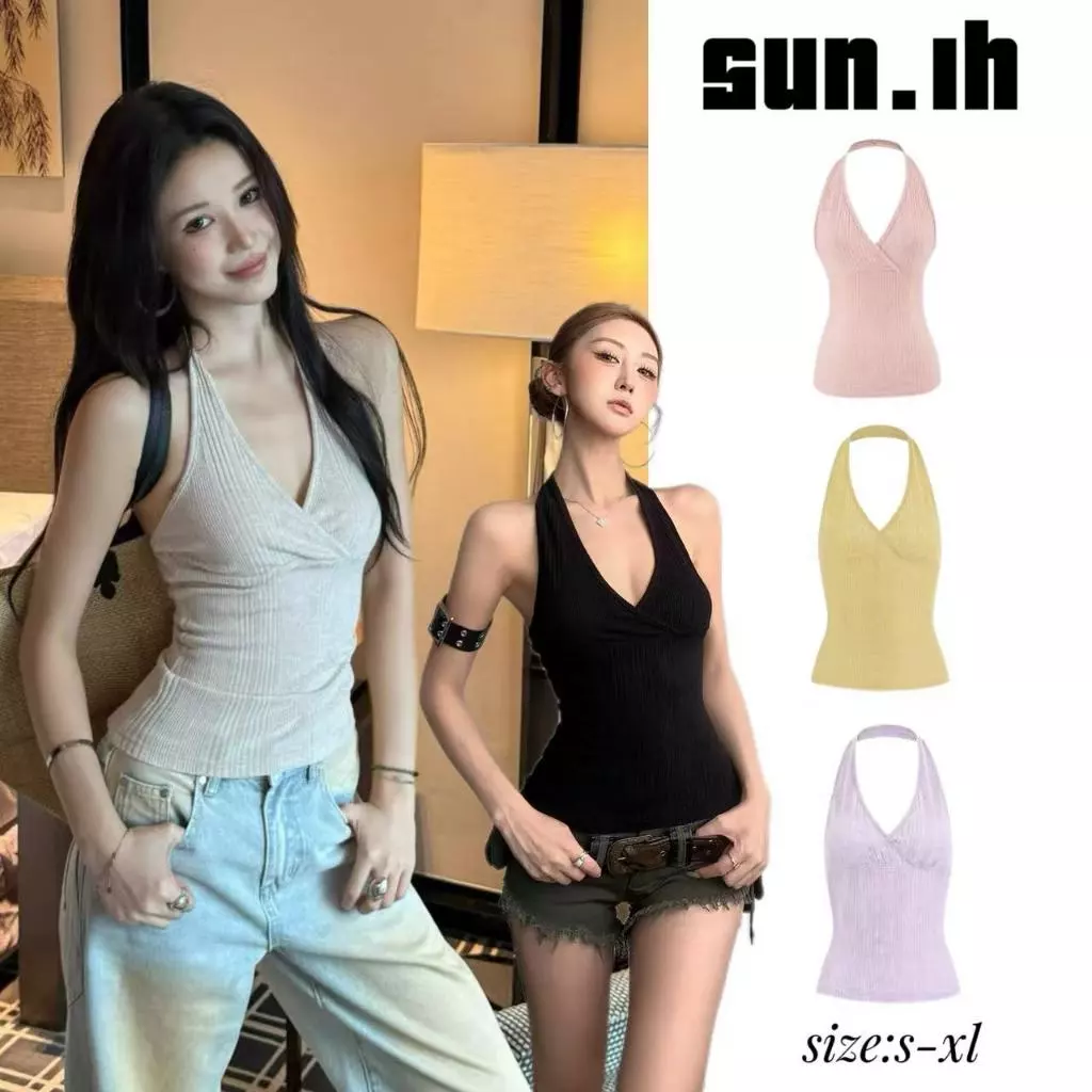 SUN🛍️พร้อมส่ง🛍️เสื้อกั๊กคอวีแขนกุดสุดเซ็กซี่สำหรับผู้หญิงในช่วงฤดูร้อนปี 2026 เสื้อถักสั้นเข้ารูปแบบใหม่