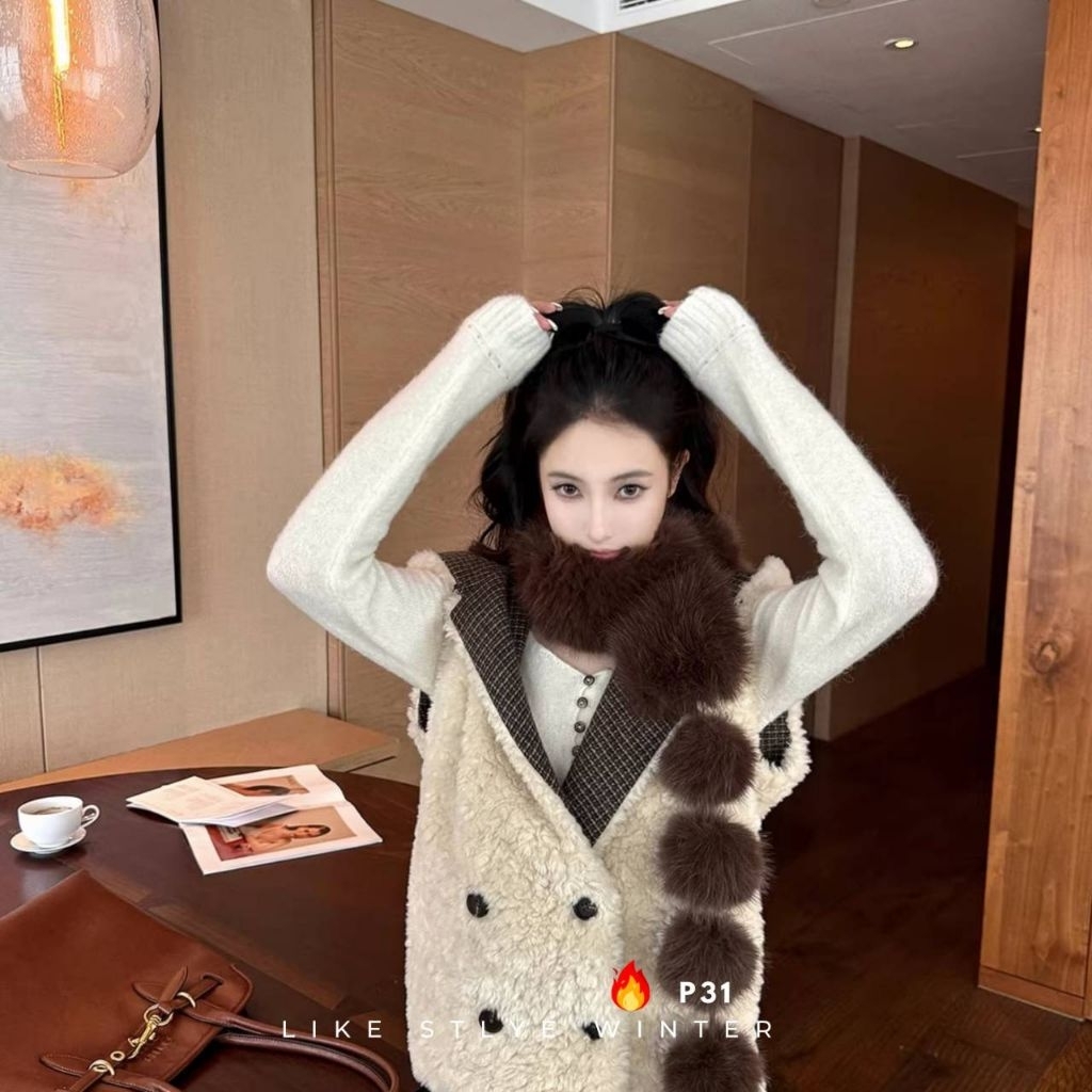 ผ้าพันคอขนเฟอร์ Pom Pom สไตล์เกาหลี นุ่มฟู P31