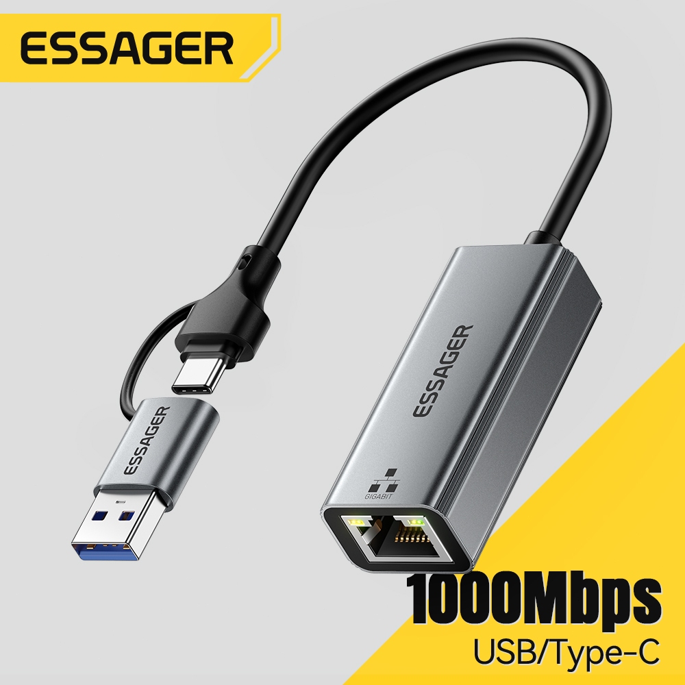 Essager 1000Mbps USB/Type-C 2-in-1 สายอะแดปเตอร์เครือข่าย