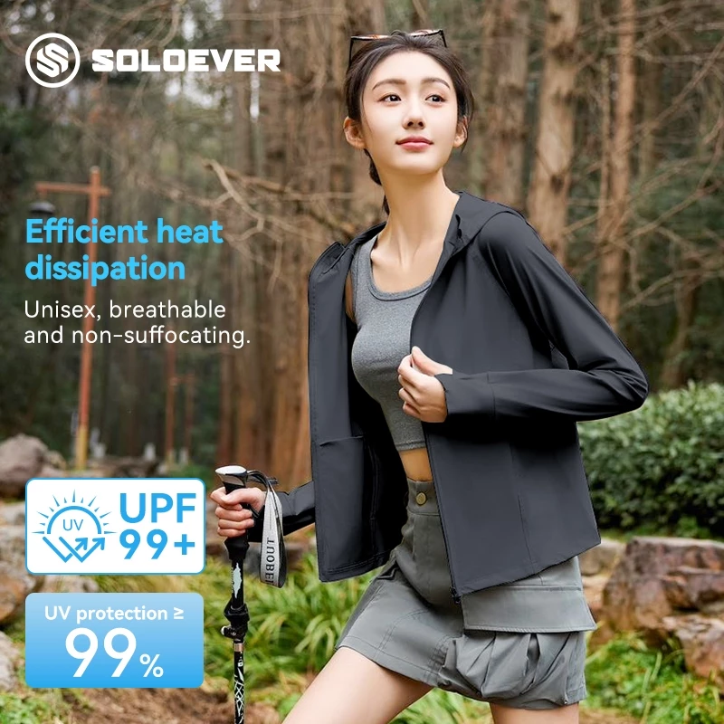 soloeverเสื้อแจ็คเก็ตป้องกันรังสียูวี น้ำหนักเบา สีดำ มีฮู้ด ระบายอากาศได้ดี และมีค่า UPF50+ เหมาะสำหรับกิจกรรมกลางแจ้ง
