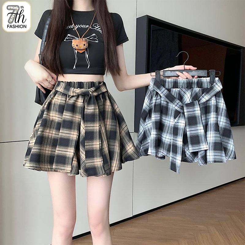 ✨ S-5XL กระโปรงสั้นตารางสีน้ำตาลหญิง กระโปรงทรง A ขอบชายกระโปรงไม่สมมาตร ✨