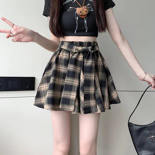 S~5XL Mini Plaid skirt สีน้ำตาล กระโปรงลายสก็อตเอวสูงสไตล์เกาหลีเรโทร กระโปรงสั้นทรงเอไลน์แบบไม่สมมาตรสุดเก๋ HOT
