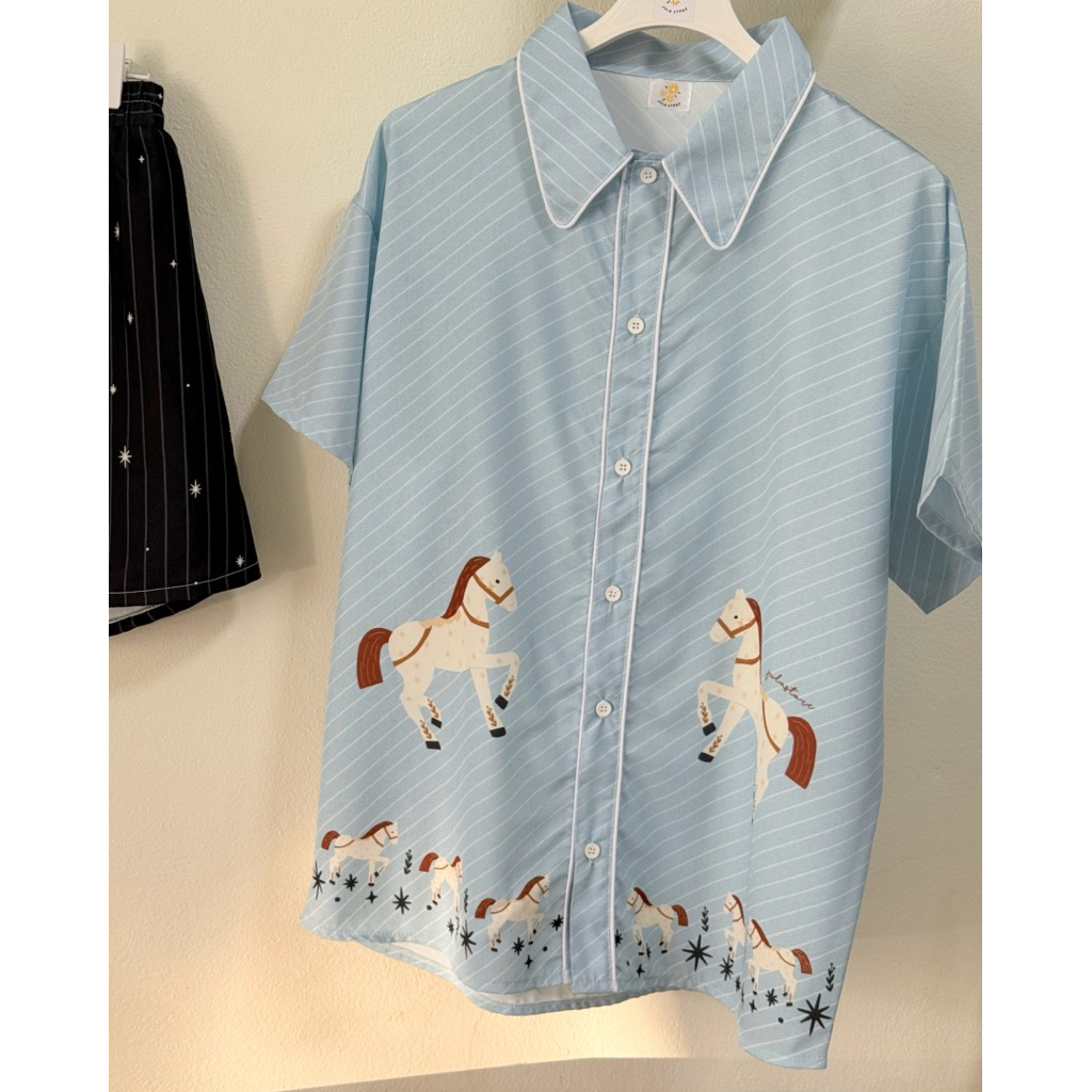 Horse with star เสื้อเชิ้ตสีฟ้าลายม้า ราคา ถูกที่สุด ดีลบีเคเค แกลเลอรีภาพที่ 7