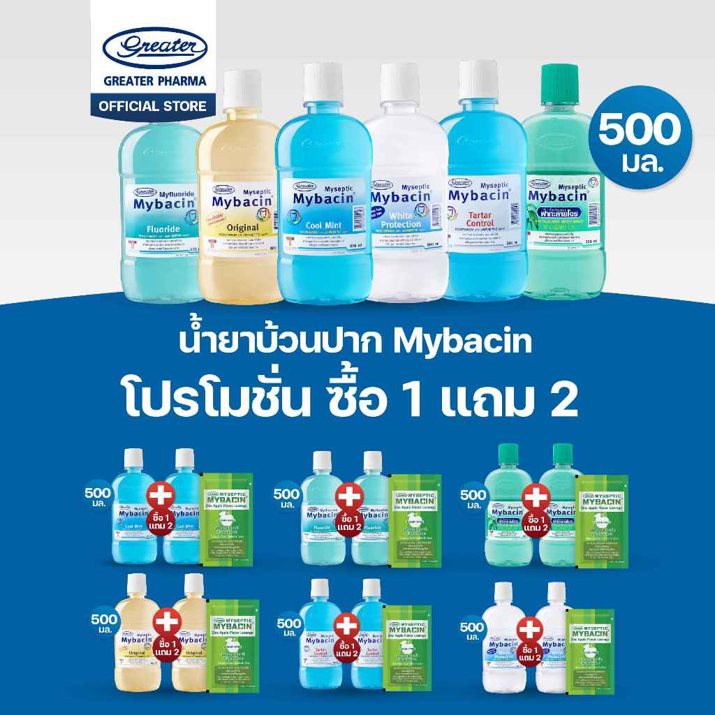 Promotion 1 แถม 2 น้ำยาบ้วนปาก  ขนาด 500 มล. MyBacin+เม็ดอมซิ้งรสApple  1 ซอง