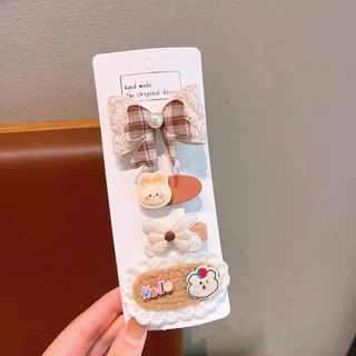 กิ๊บติดผม ชุดที่หนีบผมการ์ตูนน่ารัก 4 ชิ้น สีโทนน้ำตาล แต่งลายลูกไม้ สไตล์เด็กหญิง ที่หนีบผมหน้าม้า