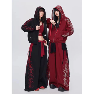 [Trendy casual two-piece set]ฮิปฮอปวินเทจพิมพ์เทรนด์ผู้หญิงเสื้อคลุมซิปและกางเกงขากว้าง