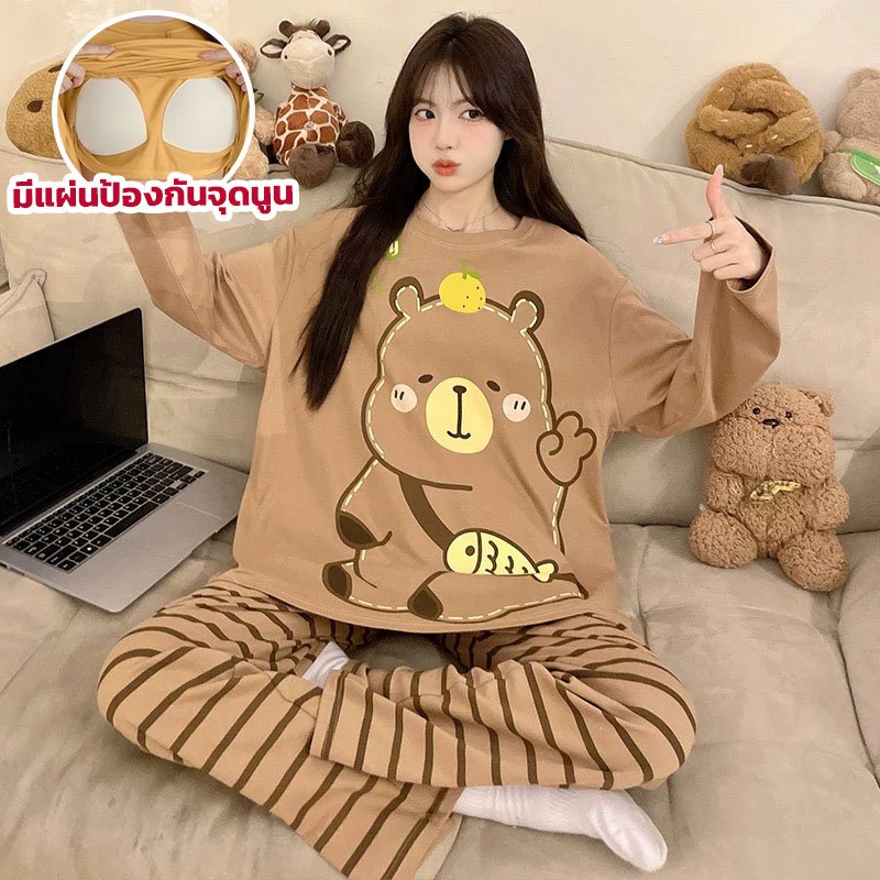 ชุดนอนแขนยาวขายาว พร้อมฟองน้ำ ชุดนอนคอกลมผ้าฝ้ายนุ่มนุ่มใส่สบาย ลายการ์ตูนน่ารัก ชุดนอนผู้หญิง L-3XL