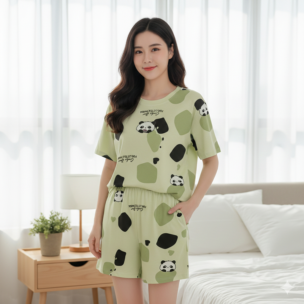 ชุดนอนเซ็ต ผ้าเด้งนิ่น มีบราในตัว แขนสั้น กางเกงขาสั้น ลายน่ารัก ผ้าใส่สบาย รหัสQZ - รูปที่ 5