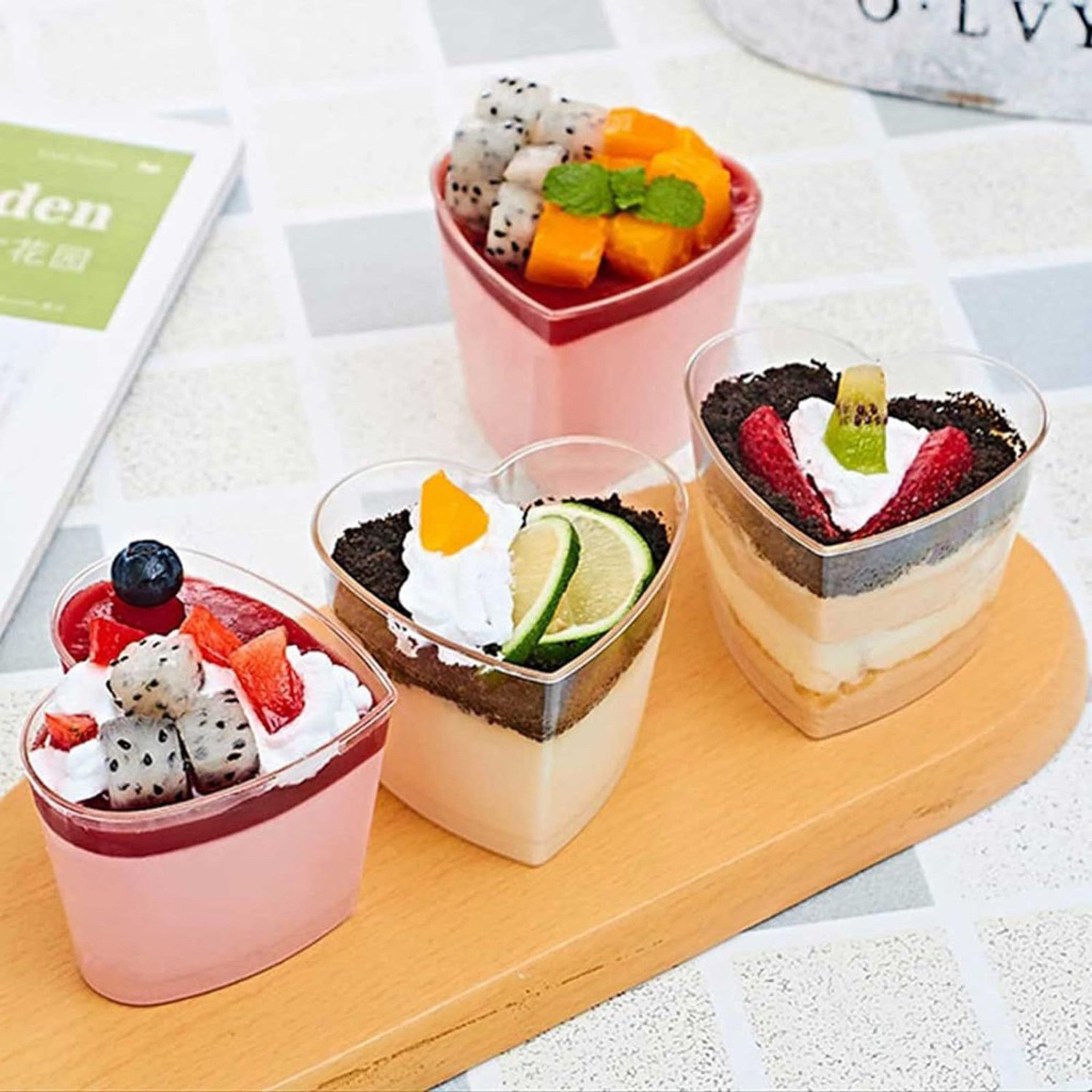Bakery D'VER ❤️ ถ้วยพุดดิ้งหัวใจพลาสติกใส PS (อบไม่ได้) ขนาด 130ml(GD7745) และ 60ml(GD2019) ถ้วยขนมจัดเลี้ยง แพค 10ชิ้น