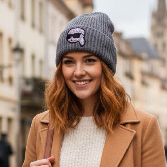 หมวกไหมพรม ทรงบินนี่ สีเทา อย่างดี KARL Beannie hat + logo กลิตเตอร์