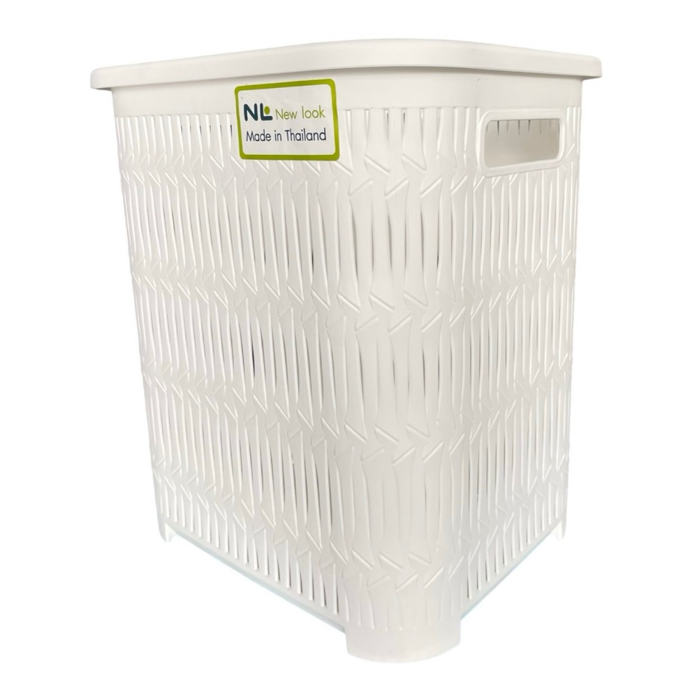 ตะกร้าสี่เหลี่ยมสีขาวลายไม้ไผ่ ขนาดกลาง 32.5W*38L*41H มือจับไม่เจ็บ BK-113 ใส่ได้หลากหลาย Medium siz