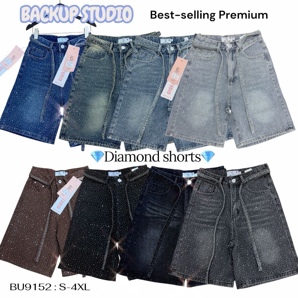 กางเกงยีนส์ 5ส่วน แต่งเพชรทั้ง(แถม)เข็มขัด ป้ายBack up