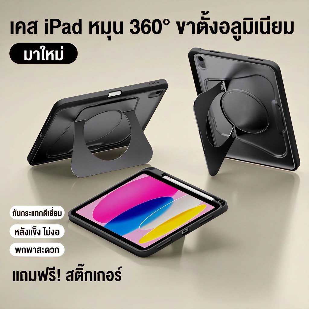[พร้อมส่ง] เคส iPad หมุน 360° หลังแข็งอะคริลิค กันงอ ขาตั้งอลูมิเนียม สำหรับ Air4/5 10.9 Air M2/M3  gen10 gen11