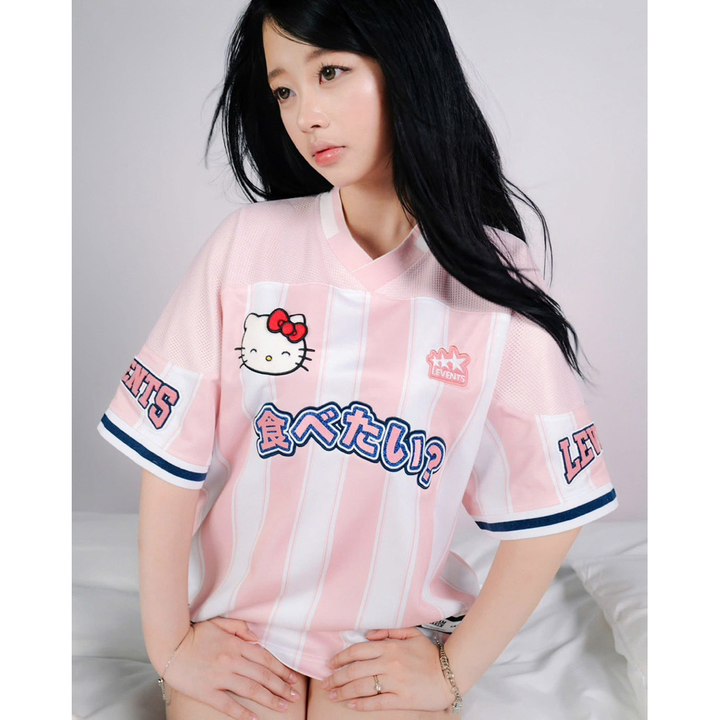 Levents® x Hello Kitty – Striped Oversized Jersey Tee | เสื้อยืดเจอร์ซีย์ ลายทาง สีชมพู (Pre-order 1