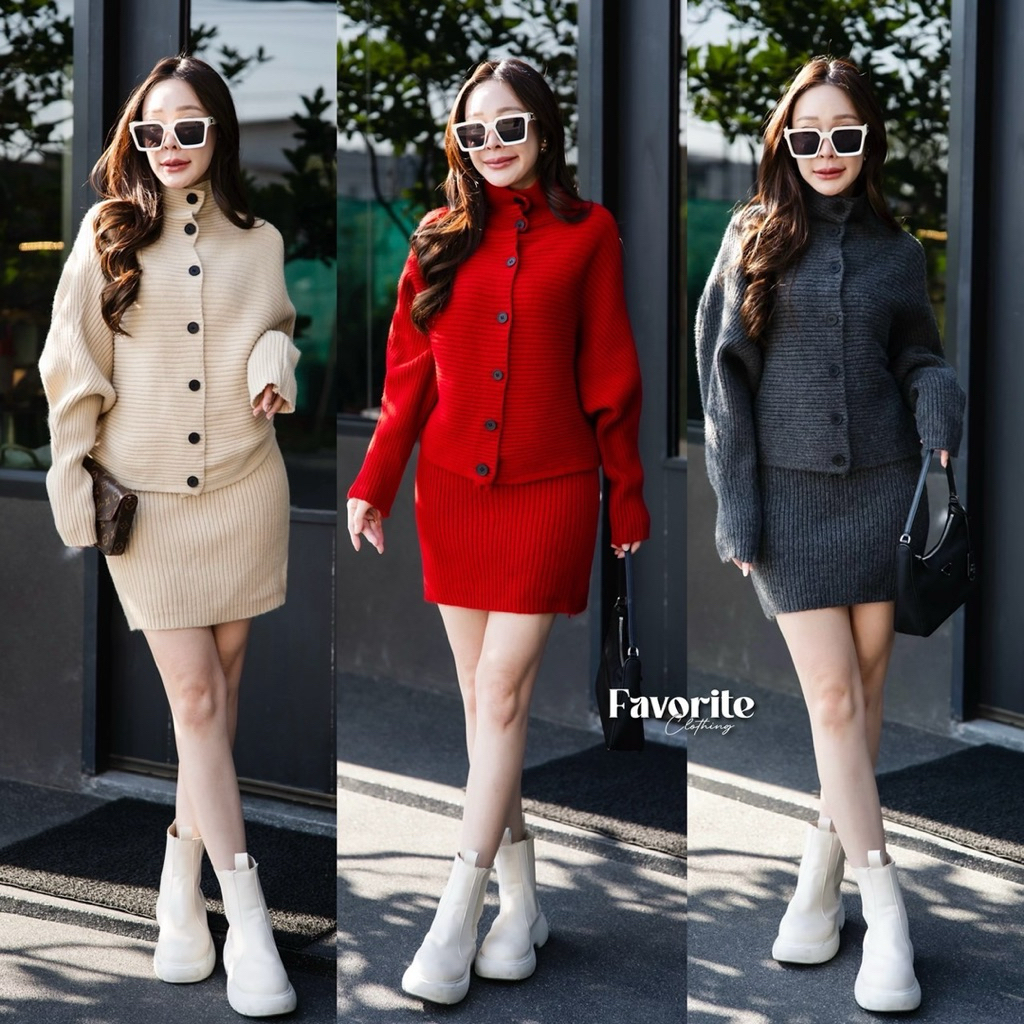 🌈🌿🌼🌸🌺❤️🧡🩶🇰🇷 Knit Texture Button Long Sleeve Top&Short Skirt Set