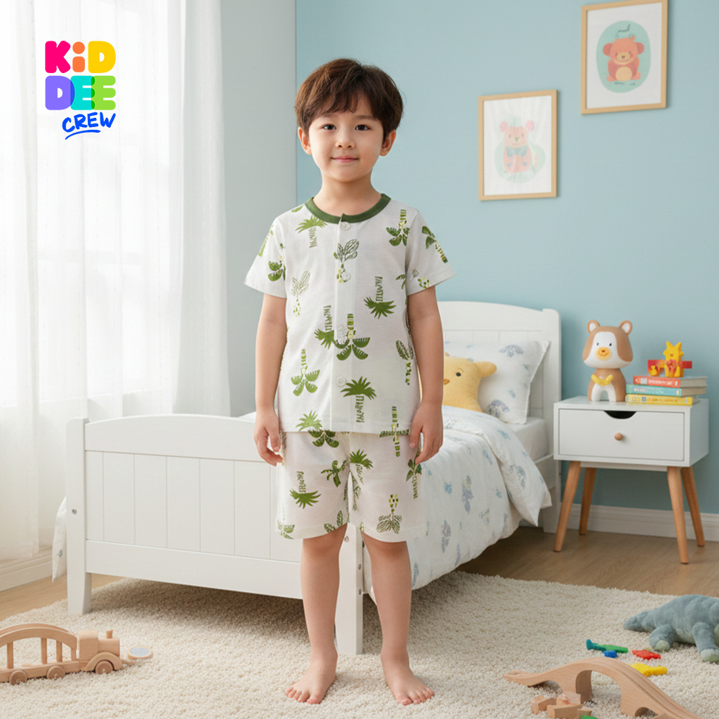 KiddeeCrew ชุดนอนเด็ก แขนสั้นขาสั้น สีครีมต้นมะพร้าวเขียว เหมาะสำหรับอายุ 1-12 ปี