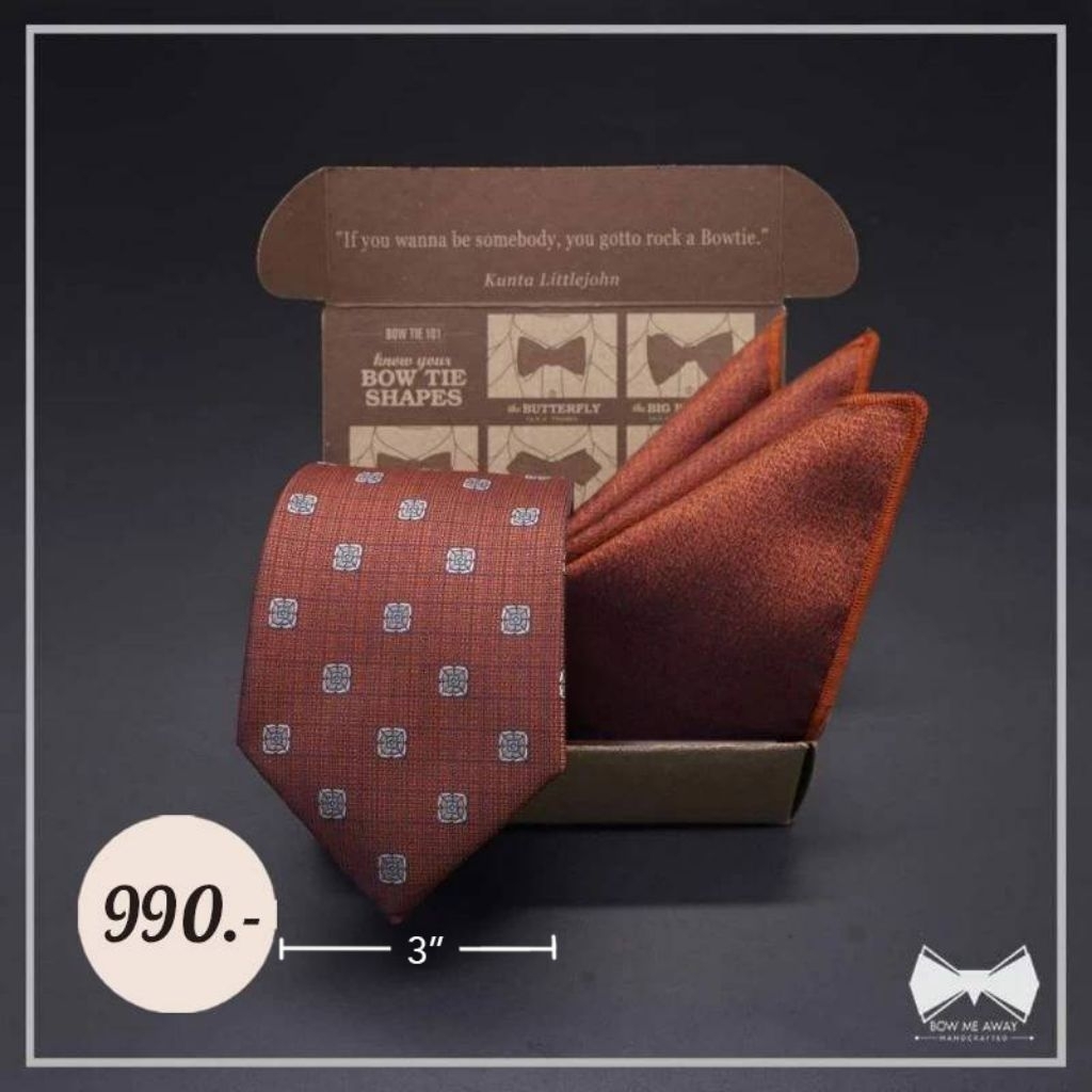 เซ็ทเนคไทส้มอิฐวินเทจ+ ผ้าเช็ดหน้าสูท