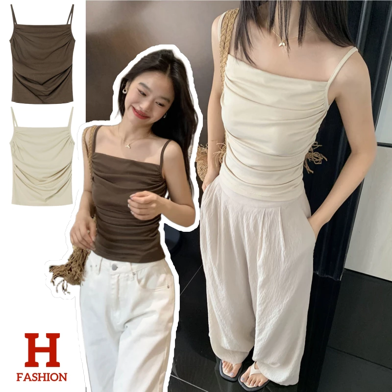 HOT FASHION THAI พร้อมส่ง เสื้อสายเดี่ยว เรียบหรู มีฟองน้ำในตัว ยืดพอดี ใส่สบายมินิมอล-FY3508