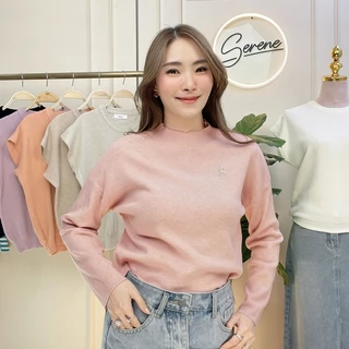 Serene's Choice เสื้อคอปีน แขนยาว ผ้าไหมพรม ผู้หญิง High Neck Knit Sweater ปักโลโก้ Serene