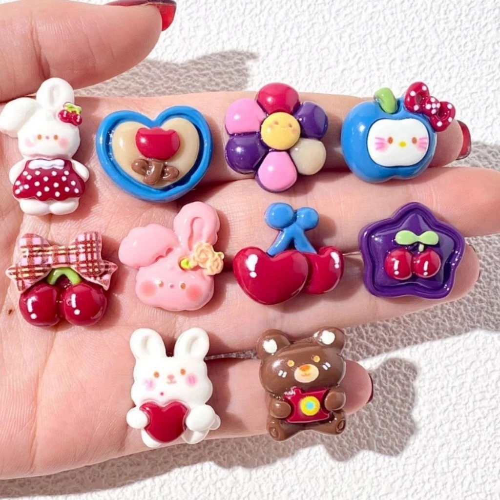 ❮10 ชิ้นครบแบบ❯เรซิ่นสีวินเทจ รูปหัวใจประดับโบว์เชอร์รี่สำหรับแมว DIYงานประดิษฐ์ ลายแอปเปิ้ล แมว และเชอร์รี่ สีสันสดใส