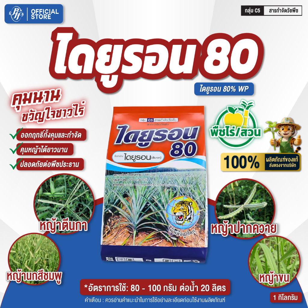 ไดยูรอน 80 ผง หัวเสือ ล็อตใหม่ล่าสุด 1 กก.เก็บหญ้า คุมหญ้า ในไร่อ้อย สับปะรด มันสำปะหลัง