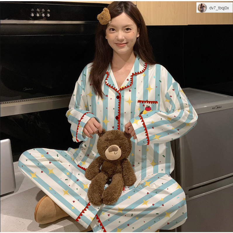 (ราคาถูกที่สุด)ชุดนอนแขนยาว，ชุดนอนคาร์ดิแกนล่าสุด，ผ้าเนื้อนุ่ม，สไตล์ญี่ปุ่น-เกาหลี，ขายาว+เสื้อ，M-2XL - รูปที่ 5