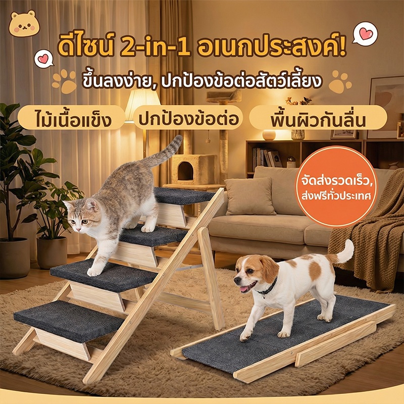 บันไดพับได้สำหรับแมวสุนัข ขนาดกลาง ดีไซน์ 2 ช่อง ไม้แข็งแรง ขึ้นโซฟาสูง เตียง รถยนต์ พร้อมแผ่นกันลื่น