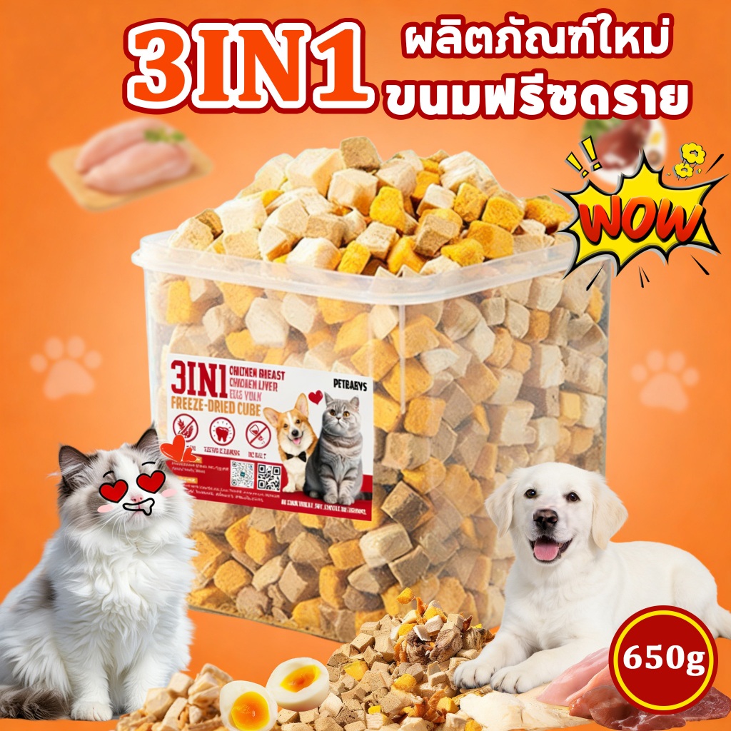 PETLUSCI😸MIX 3 ชนิด🔥อกไก่ฟรีซดราย 500ก 100% ฟู้ดเกรด ขนมแมว ฟรีซดรายแมว ไก่ฟรีซดราย ขนมฟรีซดรายแมว