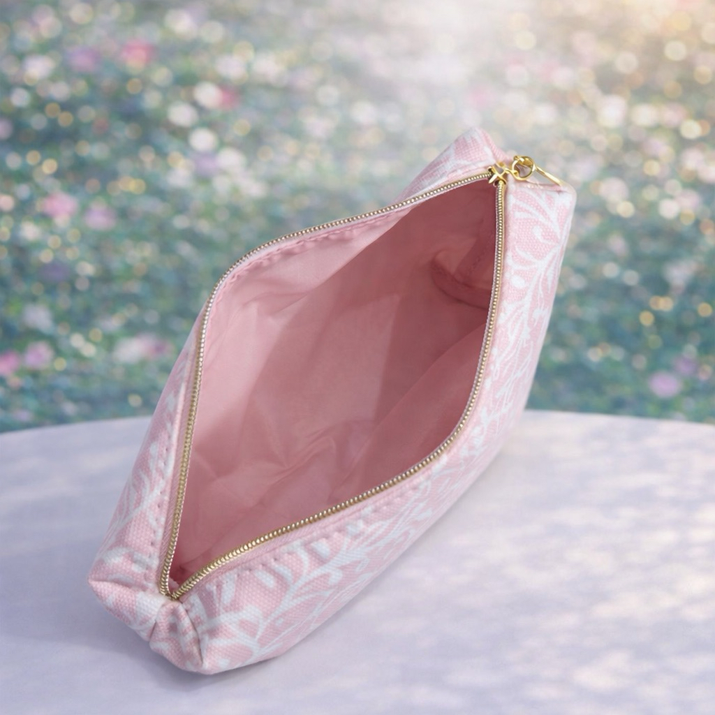 กระเป๋าเครื่องสำอางเอสเต้ ของแท้100% สีชมพูนมพาสเทลตัดลายสีขาวน่ารัก มีโลโก้ที่ซิปสีทอง มือหนึ่ง พร้อมส่งค่ะ💗💗 - รูปที่ 5