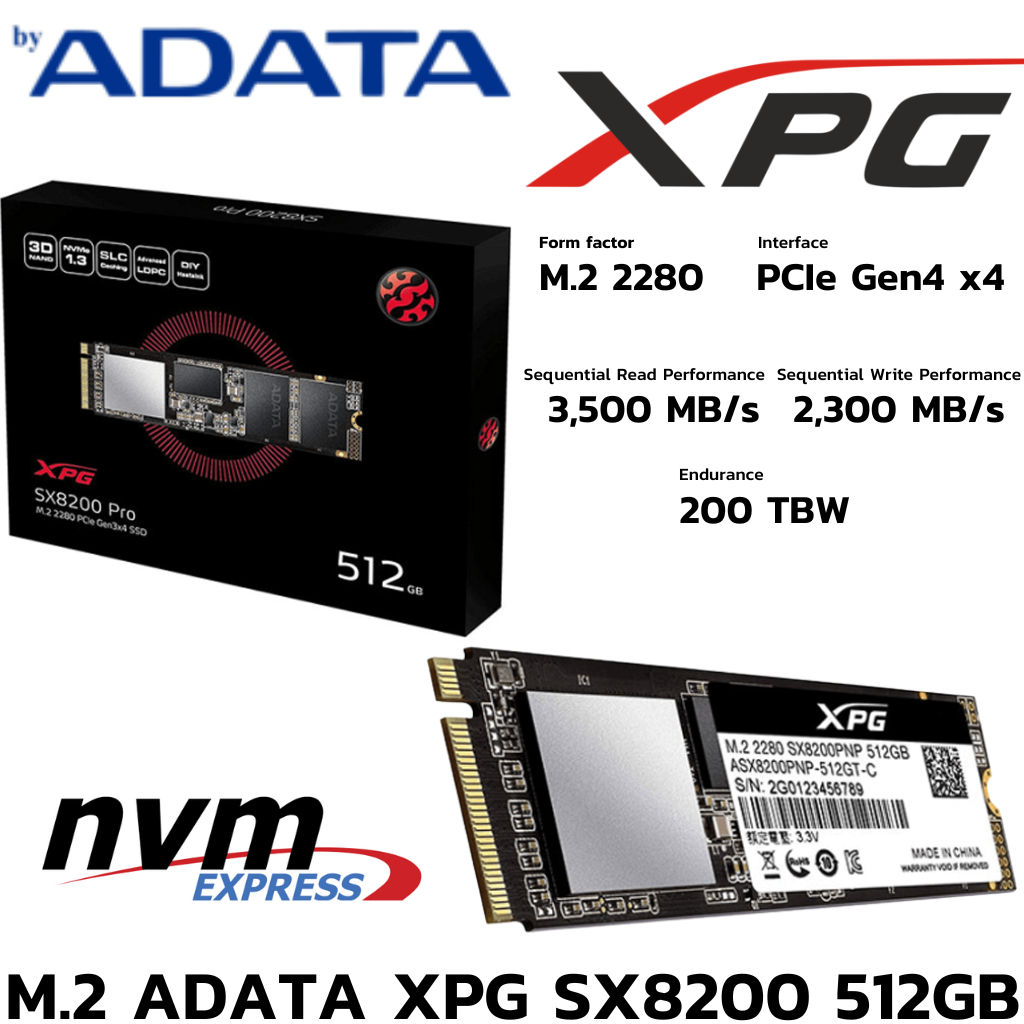 M.2 512 GB SSD (เอสเอสดี) ADATA XPG SX8200 PRO M.2 2280 NVMe (ASX8200PNP-512GT-C)
