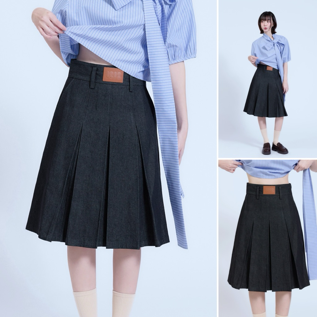 BEAU BEAU | SIGNATURE DENIM SKIRT กระโปรงยีนส์ยาว ดีเทลติดป้ายหนังโลโก้ด้านหน้ากระโปรง