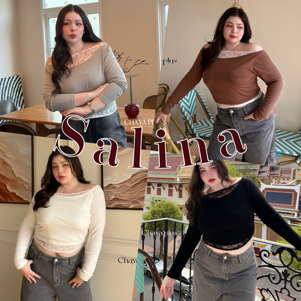 🧸𝐂𝐡𝐮𝐛𝐛𝐲𝐋𝐚𝐧𝐝.(อก38-52)🥨Salina Shirt🥨 รุ่นซาลิน่า เสื้อเปิดไหล่แต่งลูกไม้ แขนยาว ไซส์ใหญ่ สำหรับสาวอวบ #Sh112