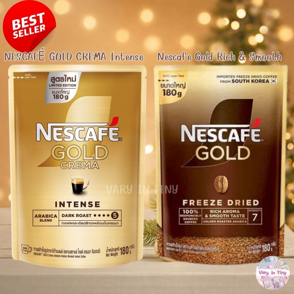 เนสกาแฟ โกลด์ 180 กรัม มี 2 สูตรให้เลือก โกลด์เครมมา และ โกลด์ฟรีซดราย กาแฟสำเร็จรูปผสมกาแฟคั่วบดละเอียดถุงตั้ง