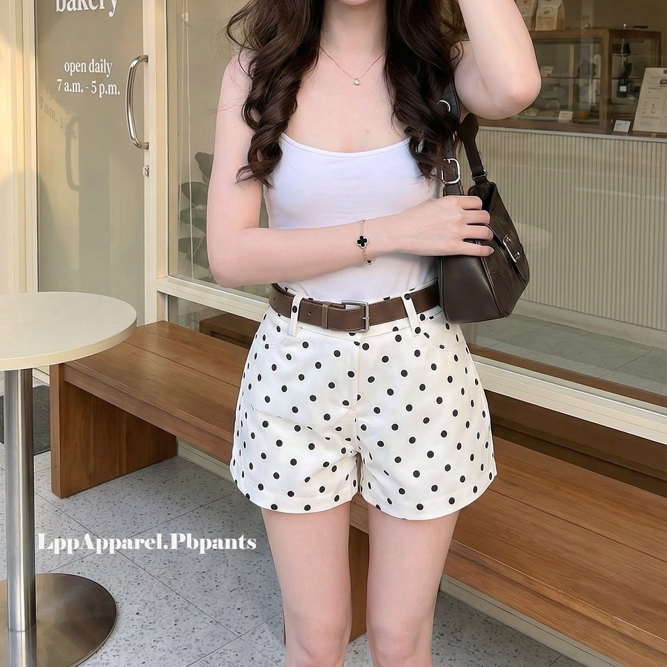 กางเกงขาสั้นเอวต่ำสีพื้น ลายจุด Polka Dot รุ่น WO - Pbpants กางเกงใส่เที่ยว ทรงสวยผ้าใส่สบาย