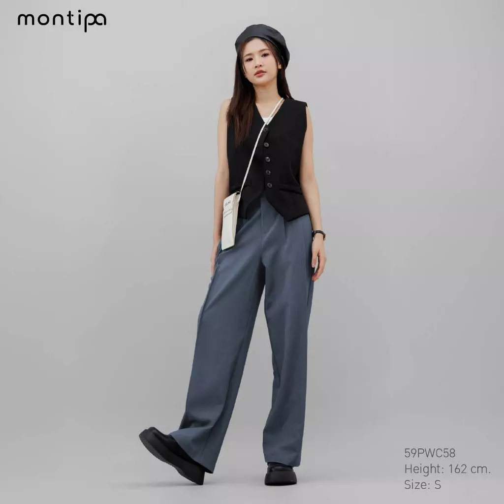 Montipa กางเกงทรงกระบอกกลาง ขอบเอวในตัว ซิปหน้า แต่งจีบหน้า ผ้า Comfort 59PWC58