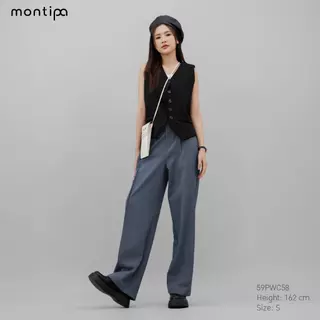 Montipa กางเกงทรงกระบอกกลาง ขอบเอวในตัว ซิปหน้า แต่งจีบหน้า ผ้า Comfort 59PWC58