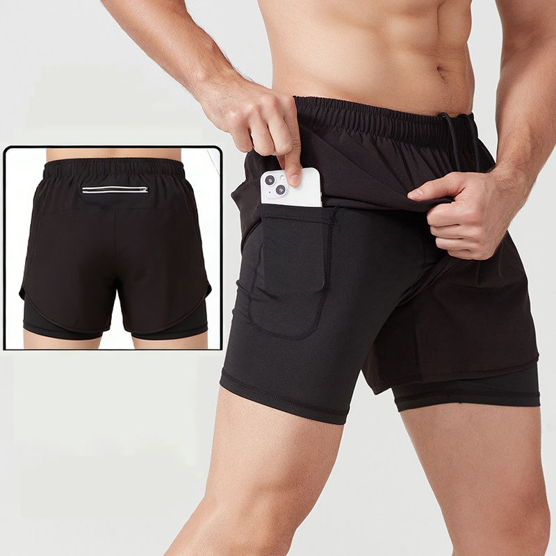 กางเกงวิ่งขาสั้นชาย 2 in 1[มีกระเป๋า2ข้าง กับกระเป๋าหลัง]ซับในเนื้อผ้าเย็น กางเกงออกกำลังกาย กางเกงกีฬาขาสั้น