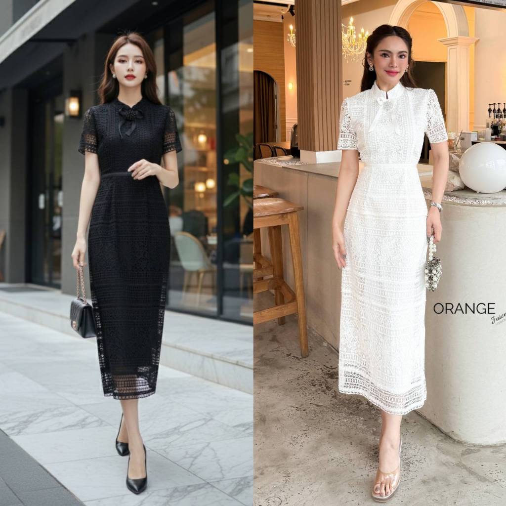 OR8893 เดรสลูกไม้ยาว ทรงคอตั้ง พร้อมเข็มกลัดโบ ชุดเรียบร้อยใส่เที่ยว ใส่ทำบุญ ใส่ทำงานได้