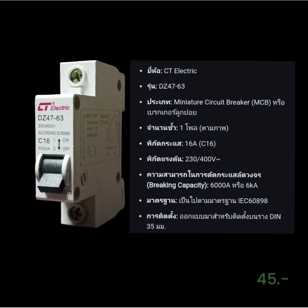 เซอร์กิตเบรกเกอร์ CT Electric รุ่น DZ47-63 (1P) 10A 16A 20A - รูปที่ 4