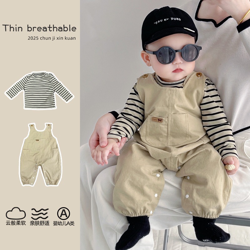 NT baby 192 (พร้อมส่งจากไทย) ชุดเซ็ตเสื้อแขนยาว + เอี๊ยม ใส่แล้วหล่อเท่ น่ารักเกินต้าน 😎💖Cotton Soft ลายทางสุดคิ้วท์ 🌈👶