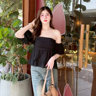 เสื้อแฟชั่น ผ้าซีฟอง เสื้อแขนสั้น เปิดไหล่แขนบอลลูน น่ารักๆๆ สม็อคหลัง ชายระบาย ใส่แมท ใส่ออกงาน สายคาเฟ่ LG098