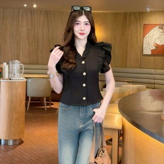 เสื้อแฟชั่น ผ้าครัช คอแต่งระบาย แขนแต่งระบาย กระดุมมุกหน้า ทรงเข้ารูป สวเรียบหรู ใส่ทำงาน ใส่ออกงาน สายคาเฟ่ LG099