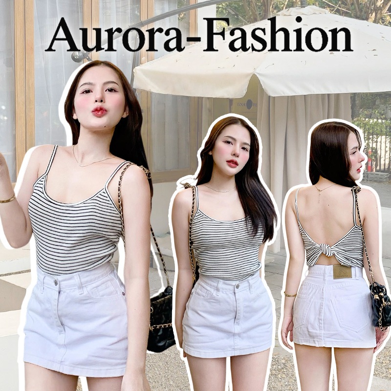 Aurora 🛒พร้อมส่ง🚚 (รูปถ่ายจากงานจริง)  เสื้อสายเดี่ยว ลายทางเล็กๆ เข้ารูป สวยงาม โชว์อกลุคเเซ่บ