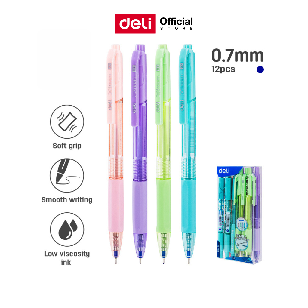 ปากกาลูกลื่น Deli แบบกด 0.7 มม. หมึกน้ำเงิน ปลอกนิ่ม จับสบาย แพ็ค 12 แท่ง ใช้งานลื่น Ballpoint Pen