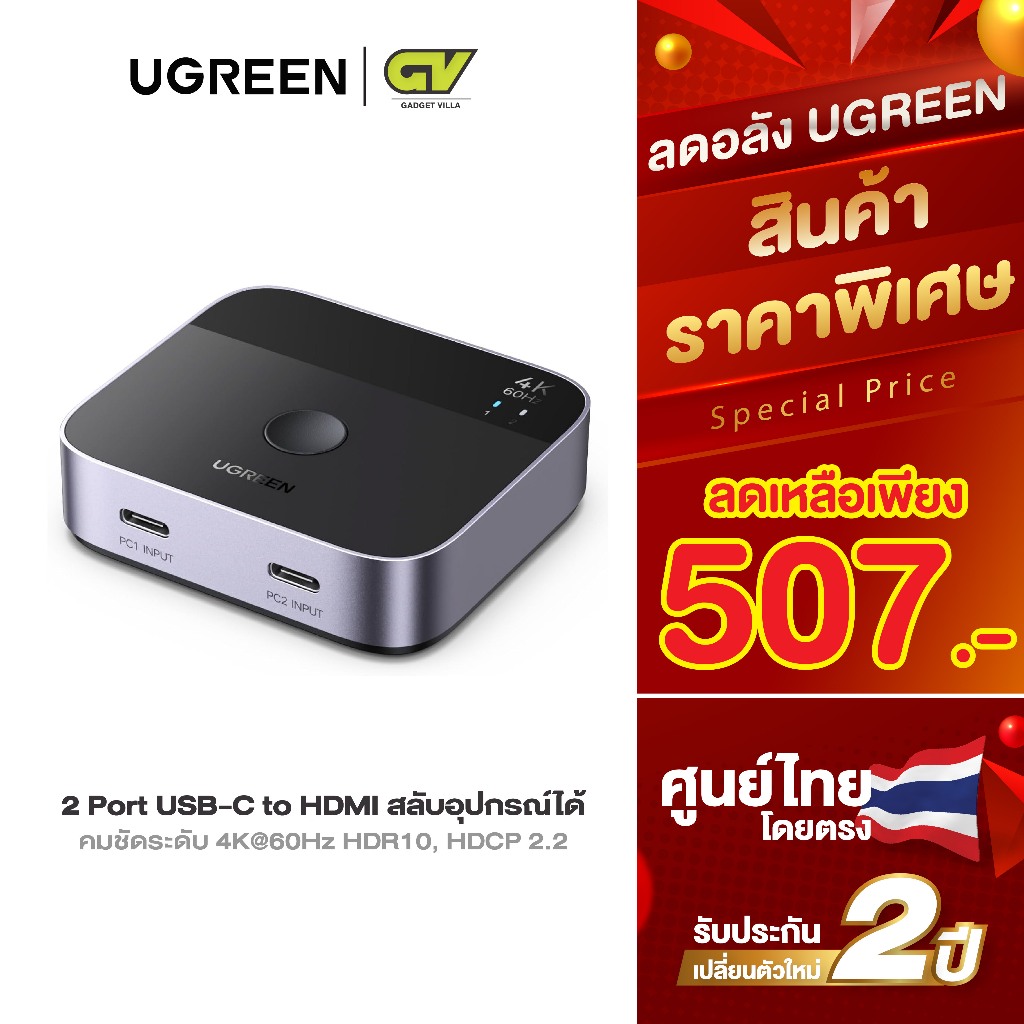 UGREEN USB C Switch 2 In 1 Out USB-C to HDMI สลับอุปกรณ์ได้ รองรับ 4K 60Hz รุ่น 55451
