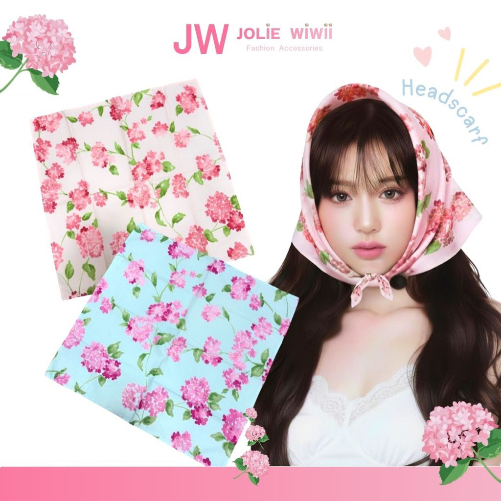 Jolie Wiwii ผ้าโพกผมลายดอกไม้ หัวใจ ผ้าสี่เหลี่ยม ผ้าเช็ดหน้าน่ารัก