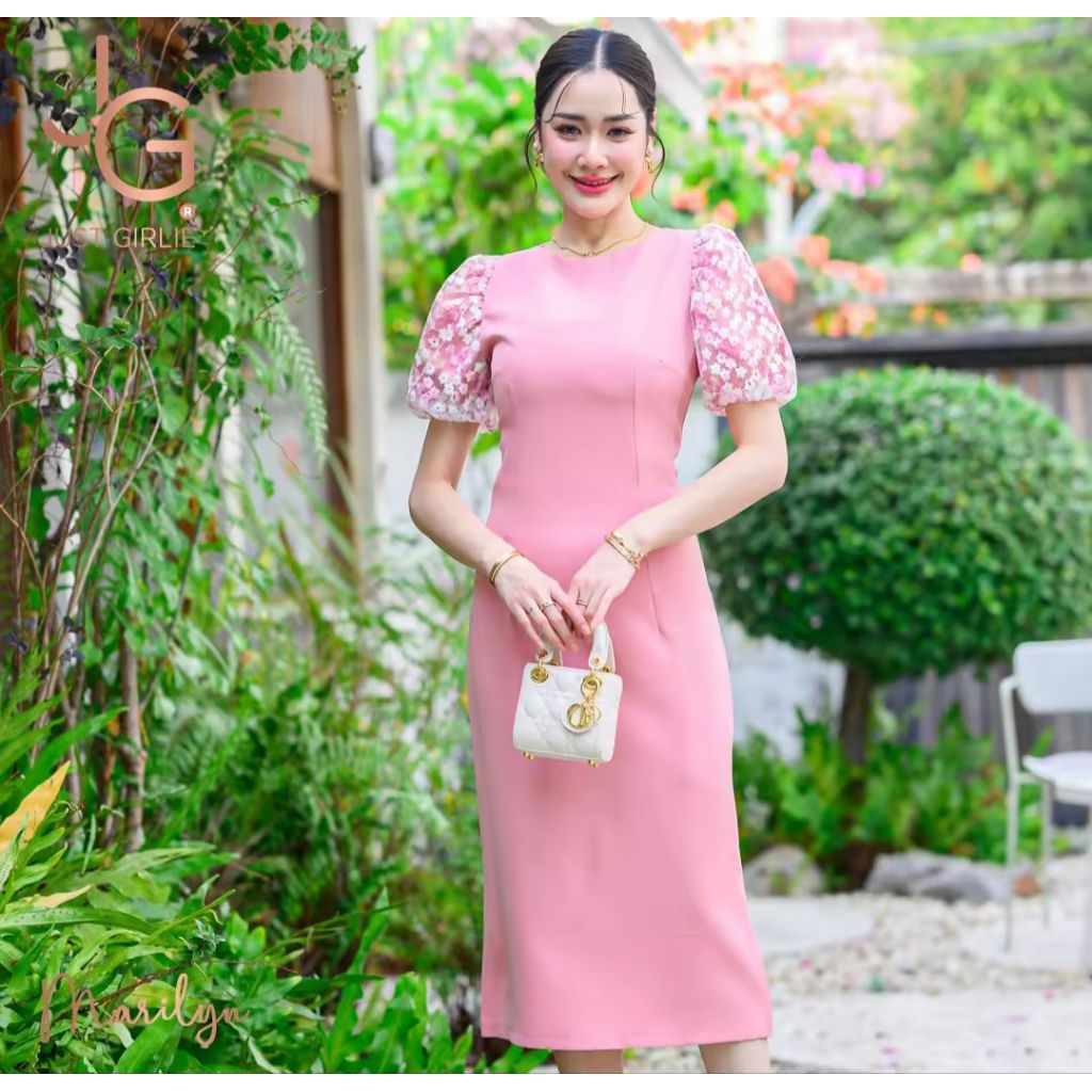 JG Just Girlie♡Marilyn Dress เดรสยาวออกงานได้สีชมพูแขนลูกไม้🌸