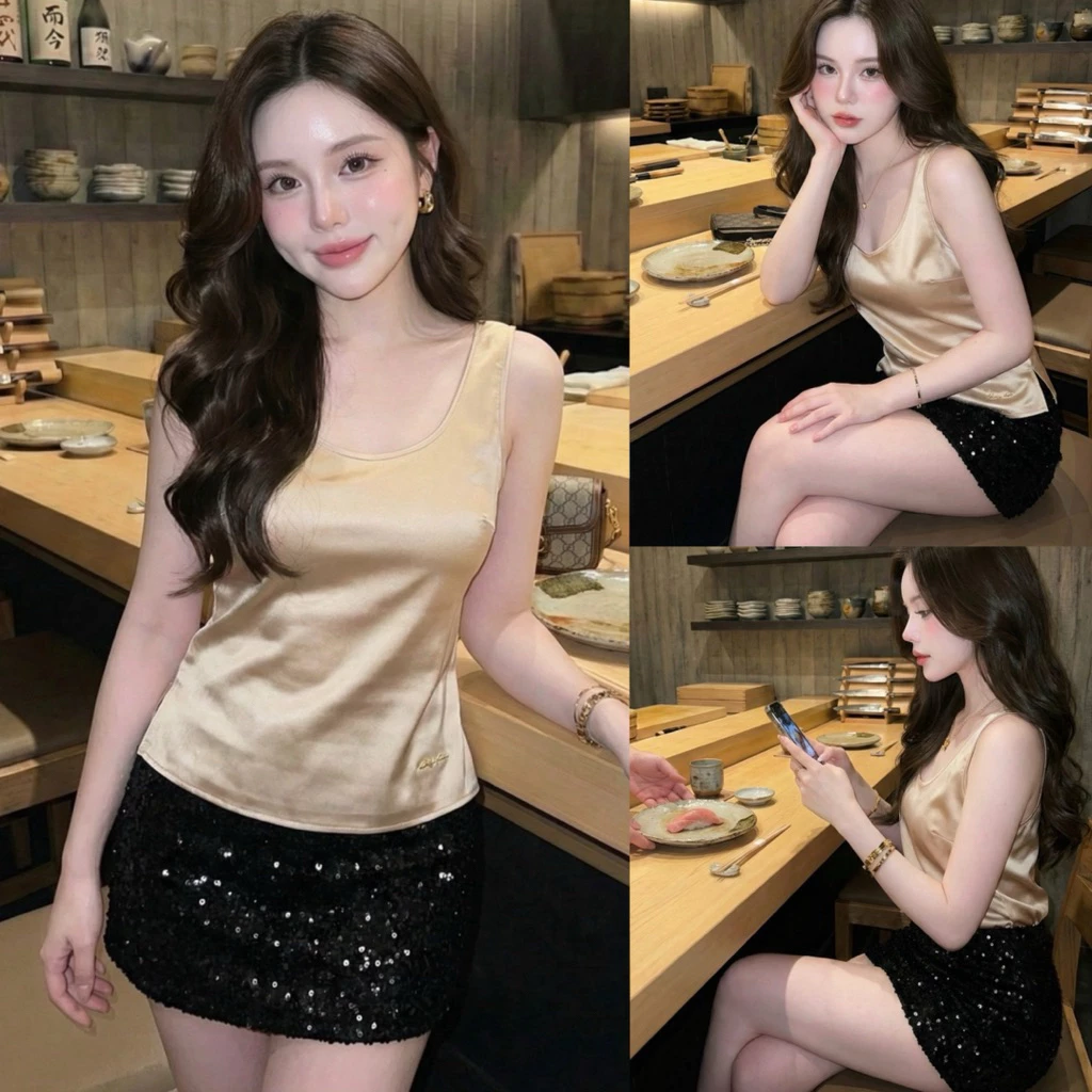 ชุดเซ็ทเสื้อซาติน+กระโปรงแต่งเพชรTYT