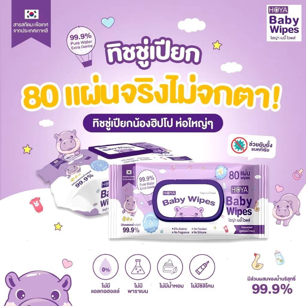 BABY WIPES ทิชชู ทิชชู่เปียก สำหรับเด็ก ไม่มีแอลกอฮอล์ กระดาษเปียก เช็ดหน้า ทิชชูเด็ก เบบี้ KUMA HIPPO